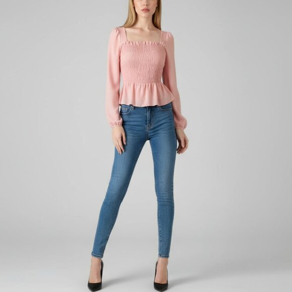 Boohoo Smocked Peasant Top Rose Quartz 4 NWT - Picture 1 of 12